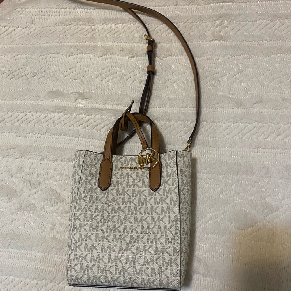 Michael Kors Monogram Crossbody Bag in Cream and Tan